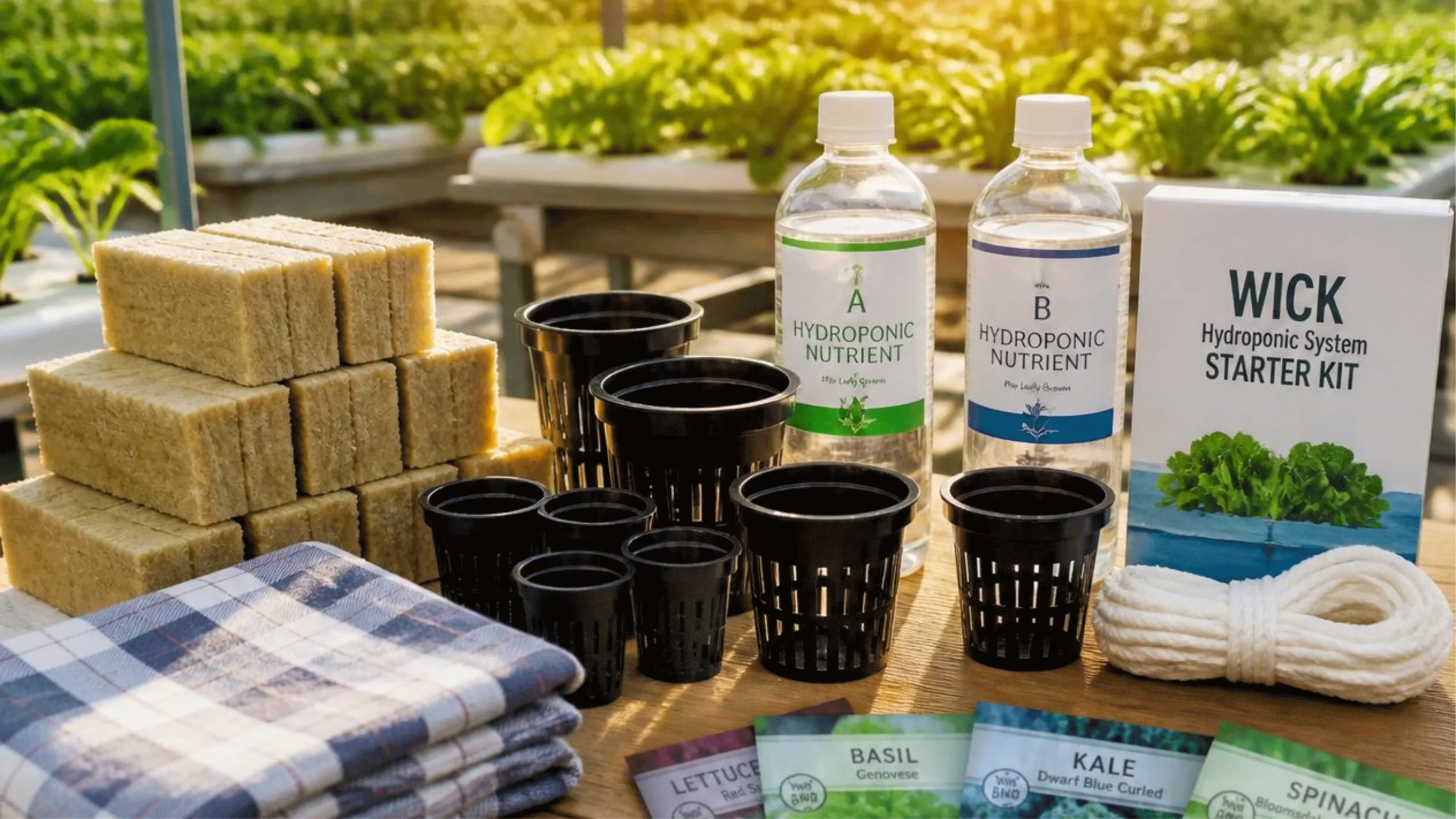 Hidroponik adalah cara cerdas - Komponen starter kit hidroponik wick system: rockwool, netpot, nutrisi AB mix, kain flanel, dan benih
