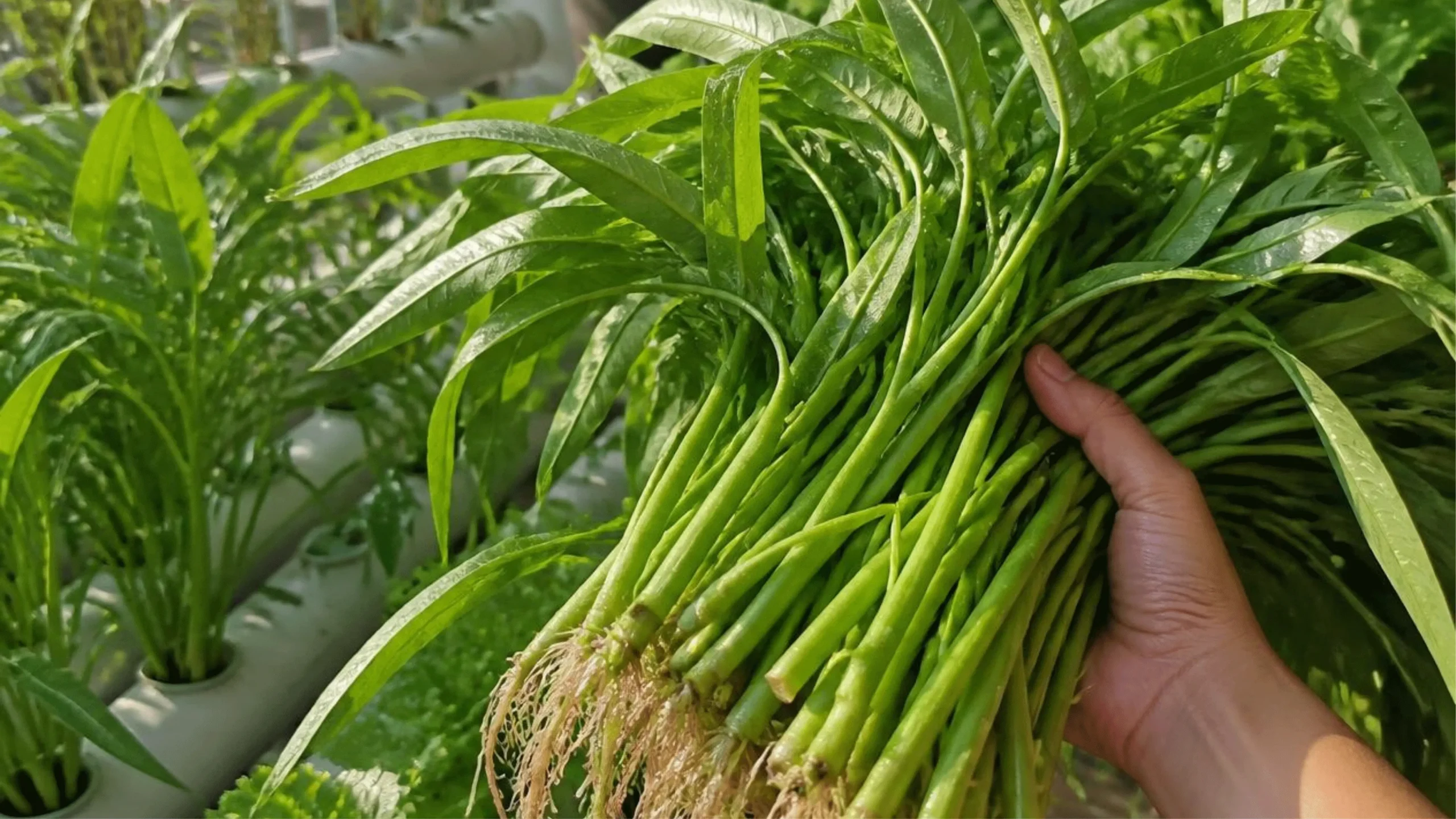 Hasil panen kangkung dari kebun hidroponik rumahan yang segar