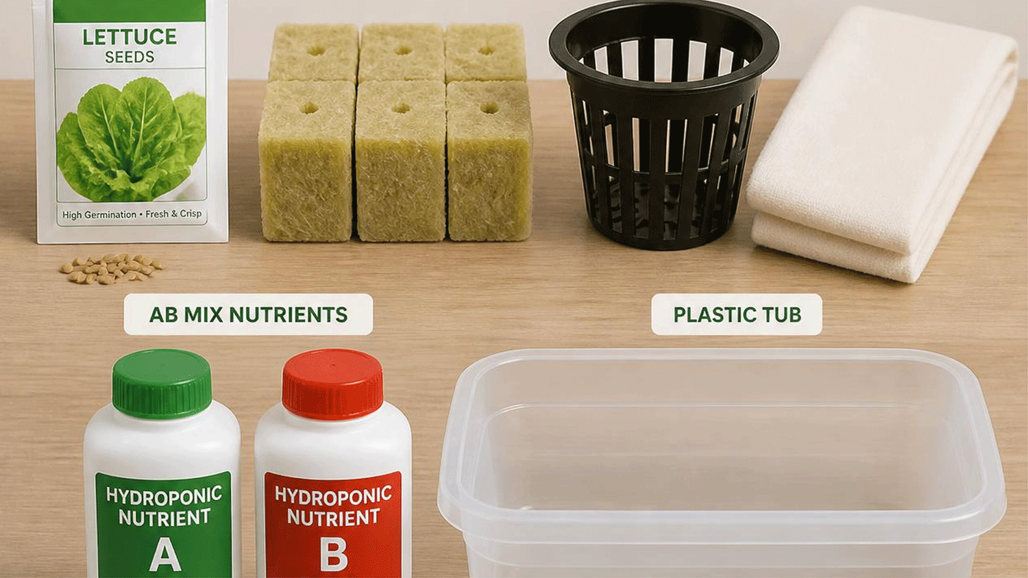Komponen lengkap starter kit wick system selada hidroponik: benih, rockwool, netpot, kain flanel, nutrisi AB mix, dan bak plastik