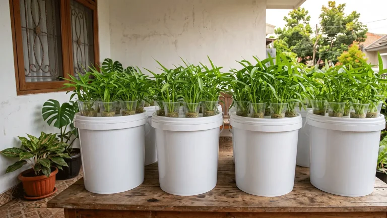 Instalasi wick system hidroponik sederhana dari ember cat bekas dengan tanaman kangkung rimbun di teras rumah