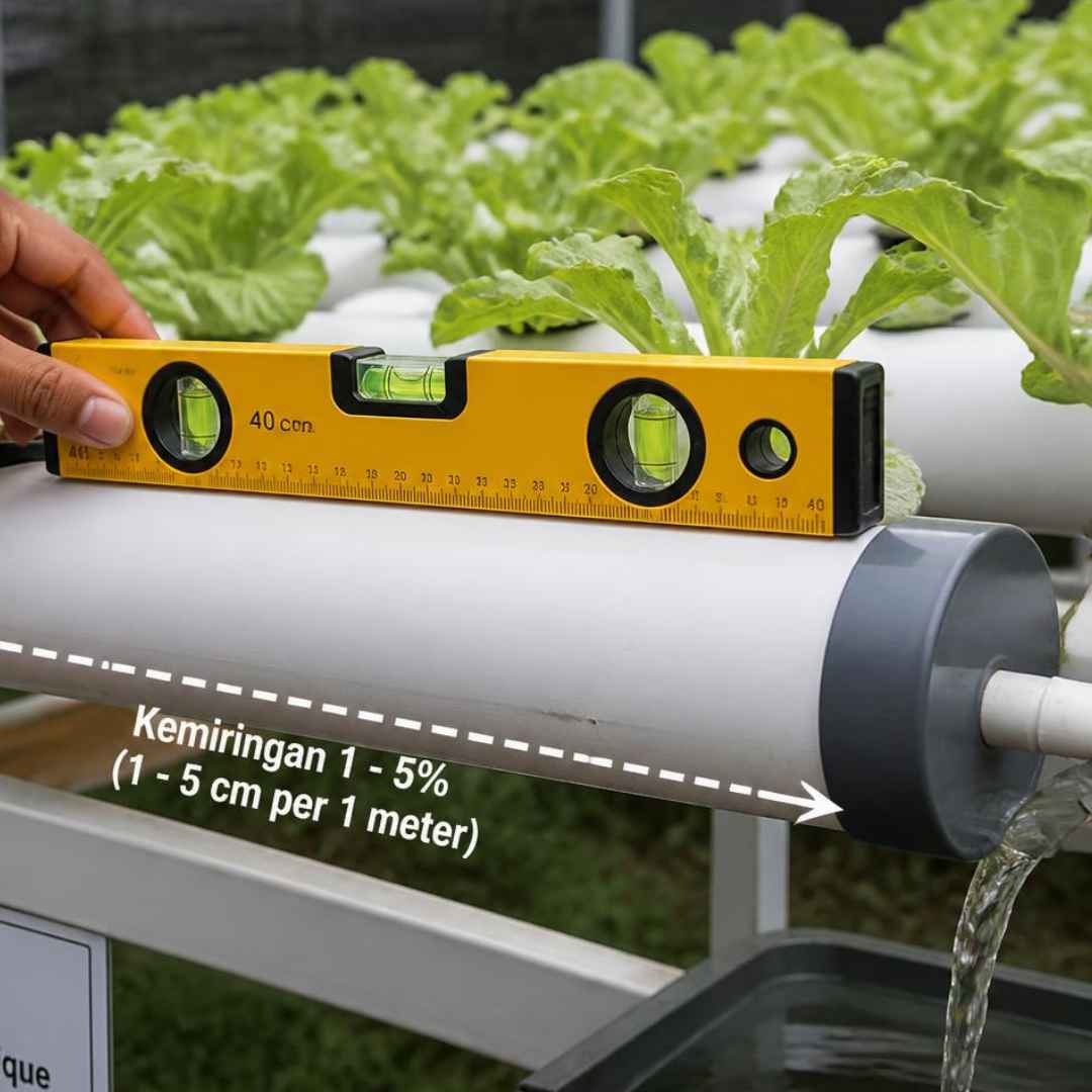 Menggunakan waterpass untuk memastikan kemiringan pipa dalam sistem NFT hidroponik sekitar 1-5% agar aliran air optimal